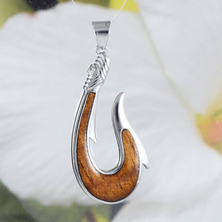 Paradise Treasures Jewelry - Wholesale Individual Charm/Pendant - Hawaiian Large Genuine Koa Wood Fish Hook Pendant, Sterling Silver Fish Hook Pendant, N8861 Birthday Mother Gift1