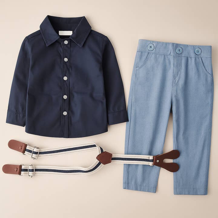 Fennco Styles – Conjunto de camisola e calças – criança por atacado – Camisa e Calças para Baixo Botão Menino Azul0