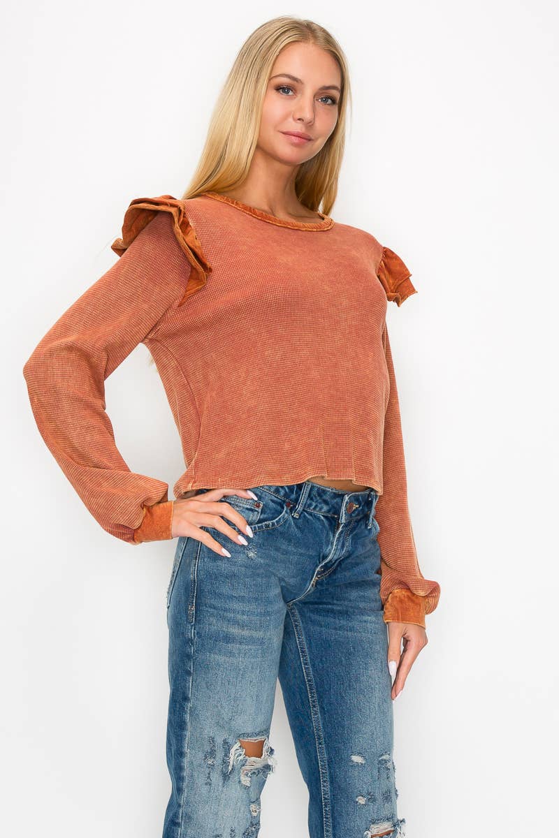 J.Her - Wholesale Blouse - Women's - Mineral Wash Ruffle shoulder top HT50456
