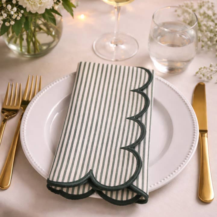 Green Striped Scalloped Cotton 20" Dinner Napkin for wholesale by Fennco Styles