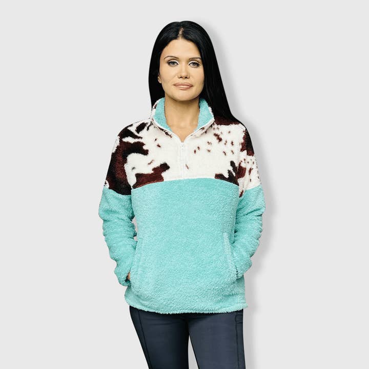 ILTEX Apparel - Wholesale Sweatshirt - Women's - Sherpa Turquoise Brown Cow Pullover Women