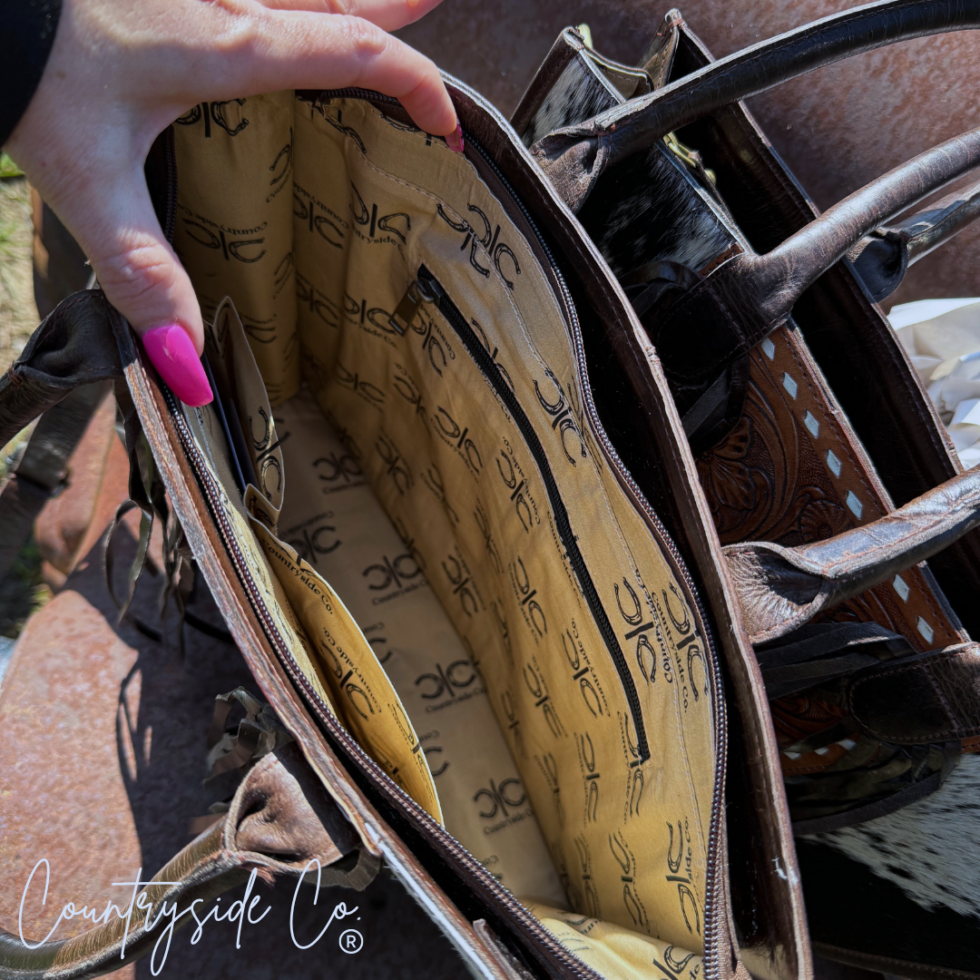 Texas Western Cowhide Bags and More – wholesale Tote bag – Women's – Jesse Cowhide and Tooled Leather Fringe Tote computer bag6