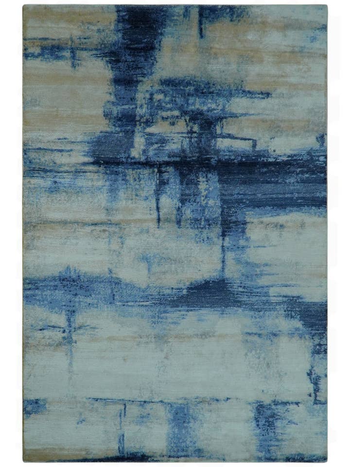 Modern Abstract Design Blue And Ivory Hand Knotted 6x9 Bamboo Silk Area Rug for wholesale by The Rug Decor, Inc.