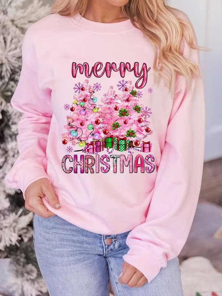 Holidays Merry Christmas tree print crew sweatshirt for wholesale by Rosa Clothing