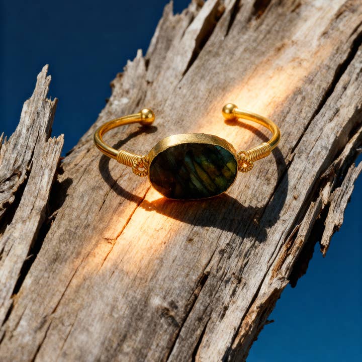 PHOEBE´S - Wholesale Cuff Bracelet - Open Bracelet with Labradorite — 18K Gold Plated2