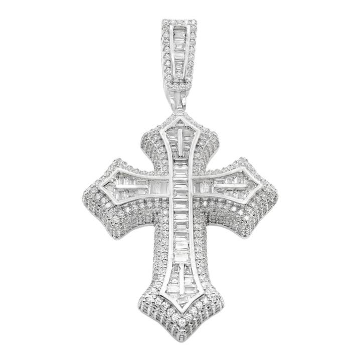 Anhänger aus Sterlingsilber mit dickem Kreuz und Baguette-Zirkonia. für den Großhandel von Atlanta Jewelers Supply