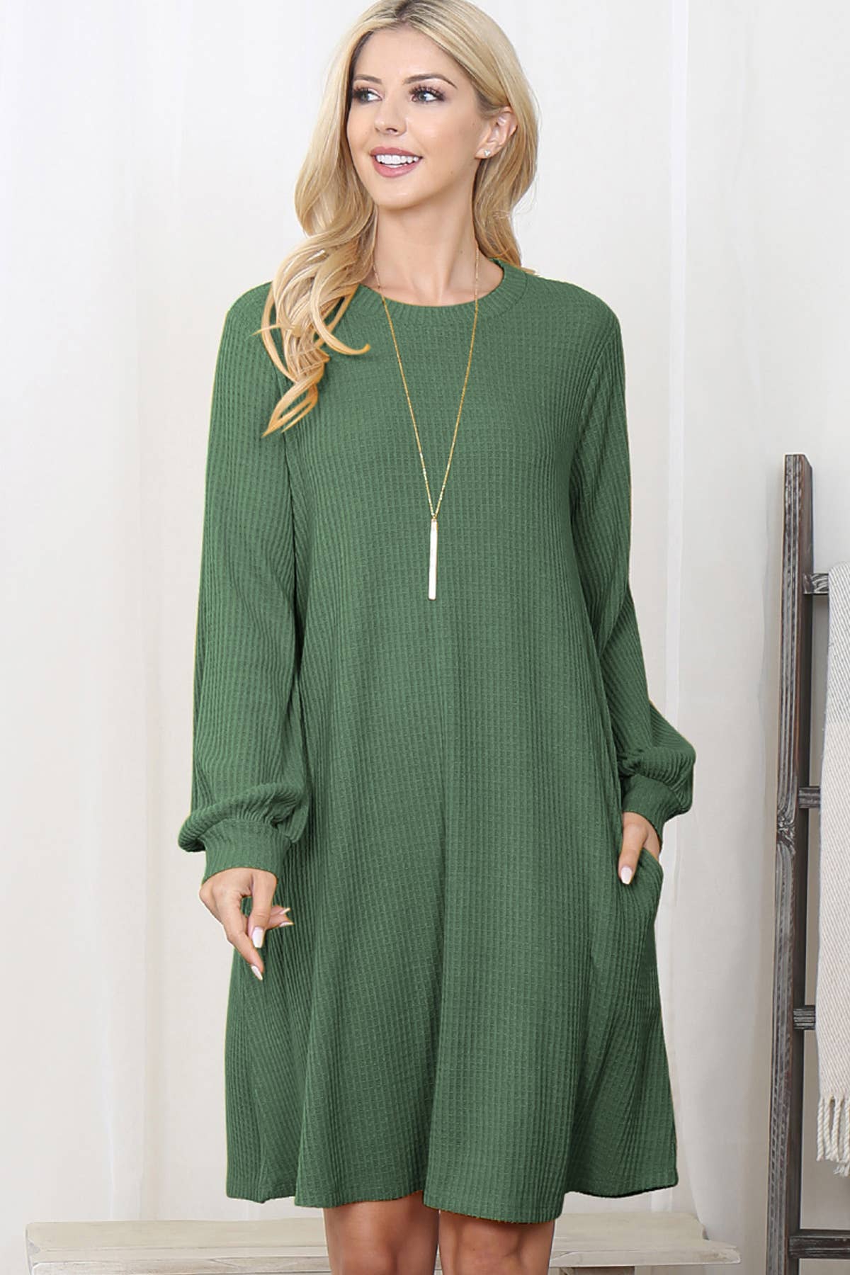 You & Me - Wholesale Dress - Women's - YMD10051V-BRUSHED WAFFLE BUBBLE SLEEVE POCKET DRESS52