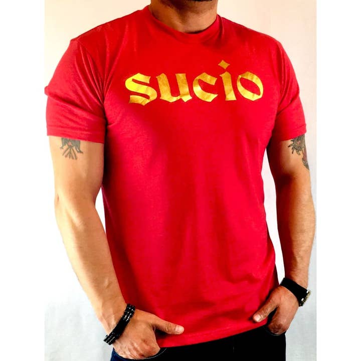 SUCIOWEAR OFFICIAL “SUCIO” Gold Foiled Next Level Unisex Tee Red/Gold Foil for wholesale by suciowear