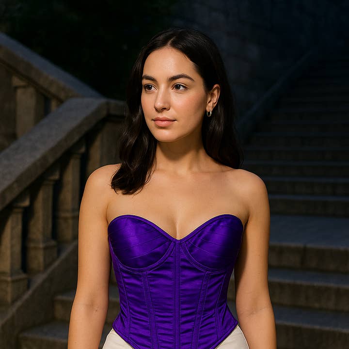 Top de espartilho roxo de cetim para mulher - Vestido de espartilho acima do busto por atacado de Miss Leather