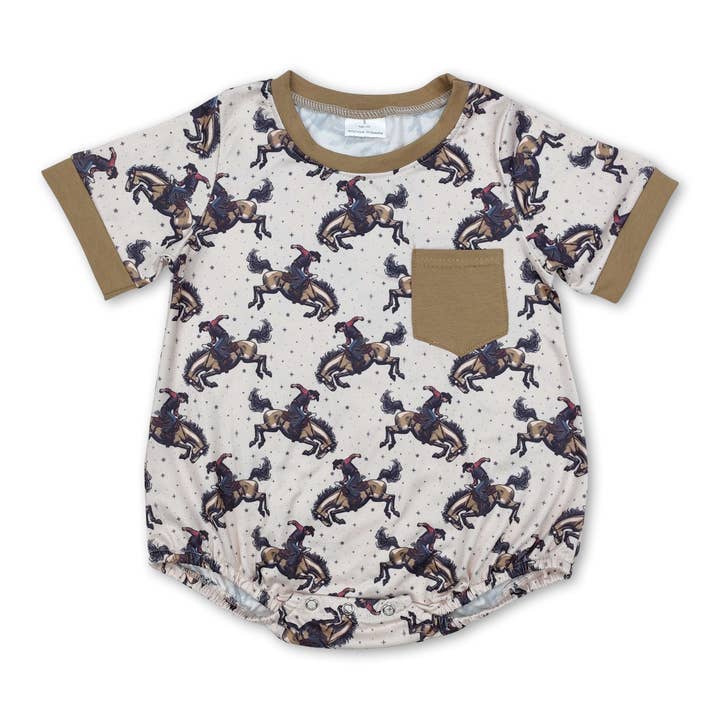 Short sleeves pocket horse rodeo western baby romper for wholesale by Yawoo Garments