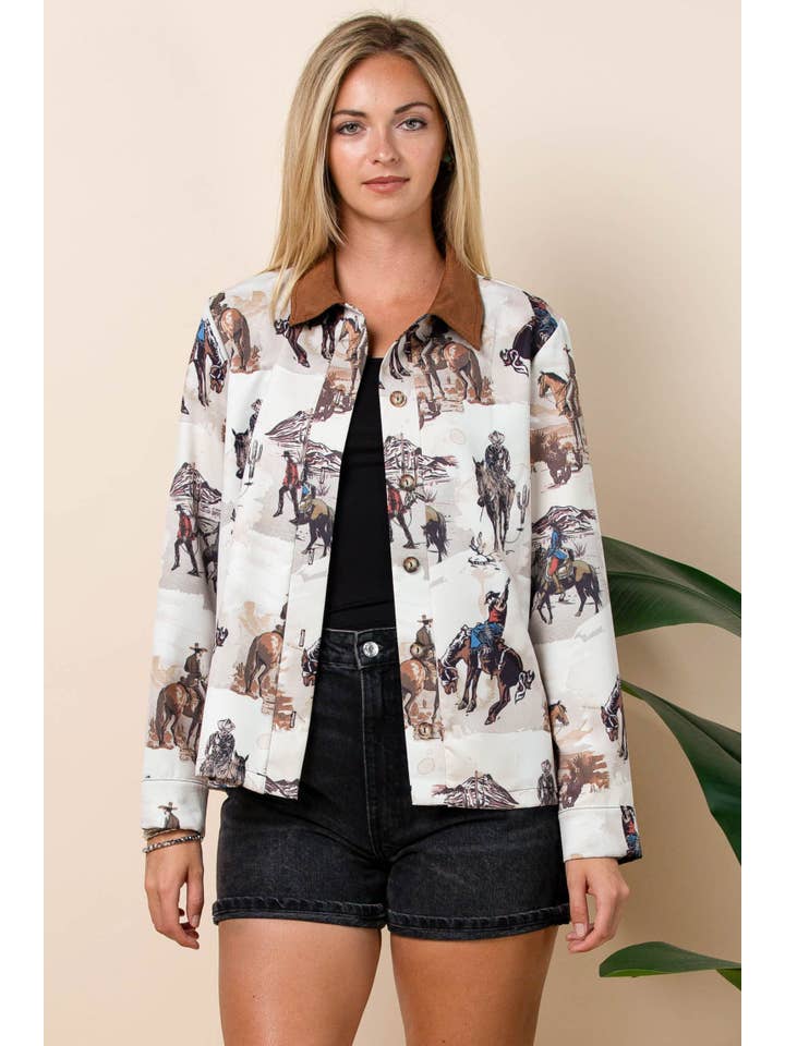 Khaki Multi AT1317-AUDREY WESTERN PRINT LIGHT WEIGHT BARN JACKET for wholesale on Faire5