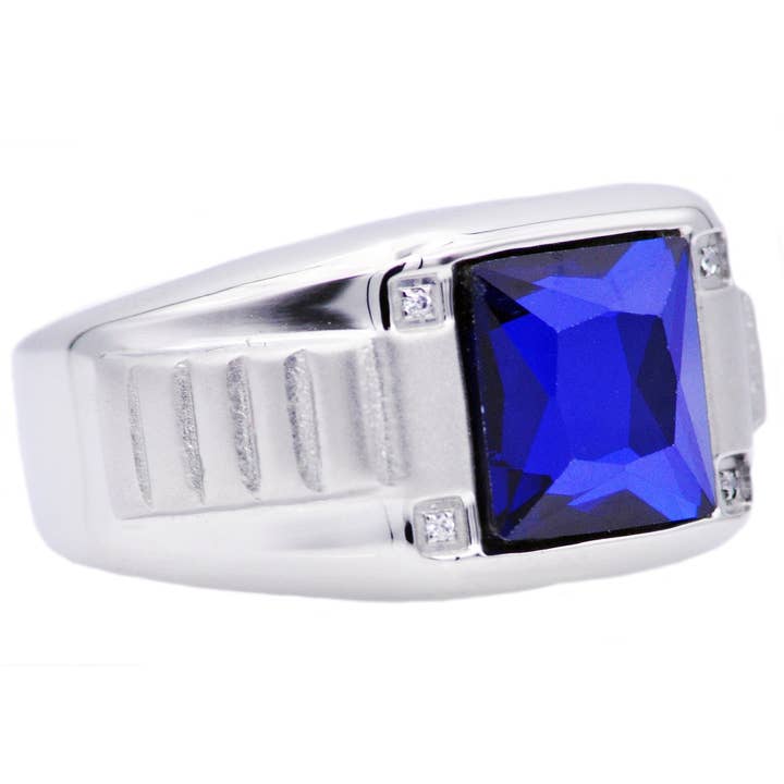 Men's Genuine Blue Spinel And Stainless Steel Ring With Cubic Zirconia for wholesale by Blackjack Mens Jewelry