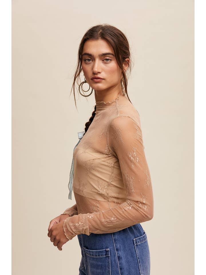 Listicle - Wholesale Blouse - Women's - Sheer Lace Long-Sleeve Top5
