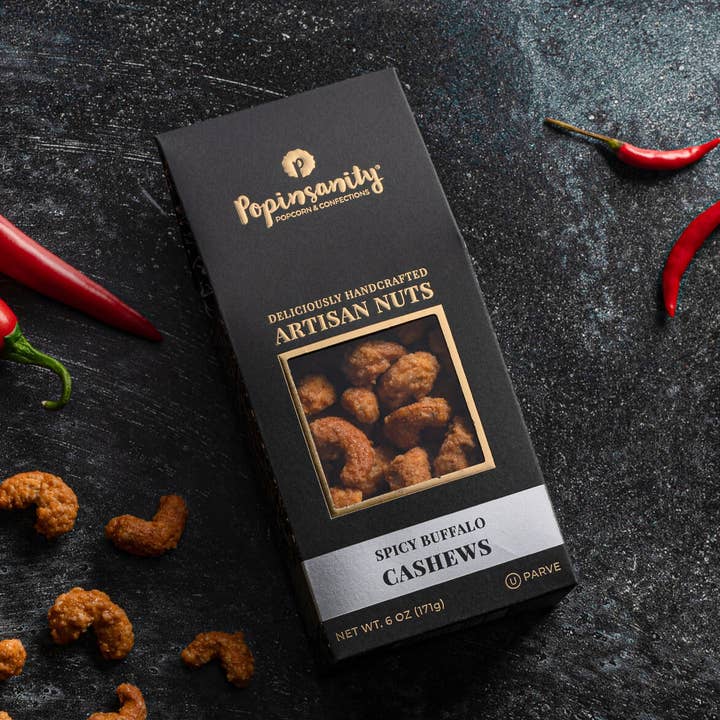 Popinsanity Popcorn & Confections - Wholesale Nuts - Spicy Buffalo Cashews | Gourmet Candied Nuts Gift | 6oz Box0