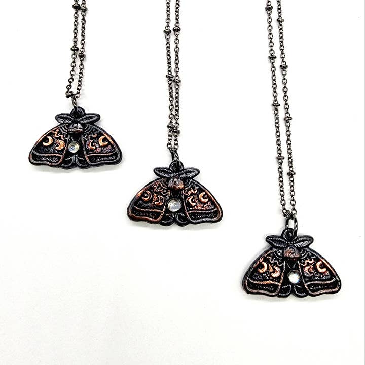 MergingMetals – wholesale Pendant/charm necklace – Rainbow Moonstone Moon Phase Moth Necklace // Electroformed