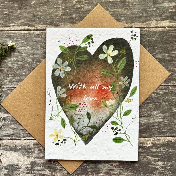 Plantable Seed Paper Love Card, Blank Inside for wholesale by Erika's Whimsical Art