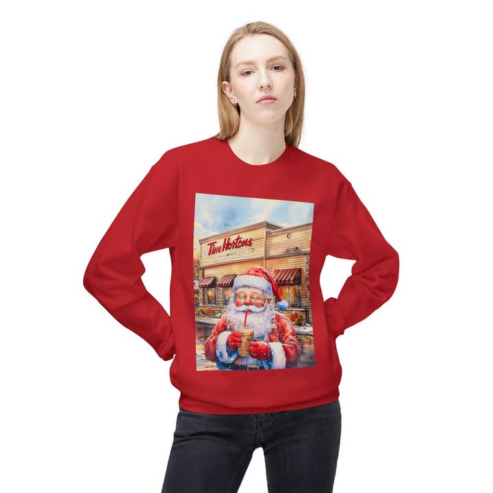 Buffalovely - Wholesale Graphic Sweatshirt - Women's - Santa with an Iced Coffee at Tim Horton's Cozy Unisex Christmas Crewneck Sweatshirt37