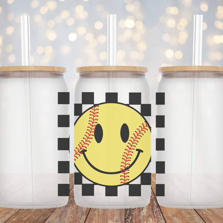 Softball Smiley - Frosted Can Glass for wholesale by Livy Lou Designs + Co