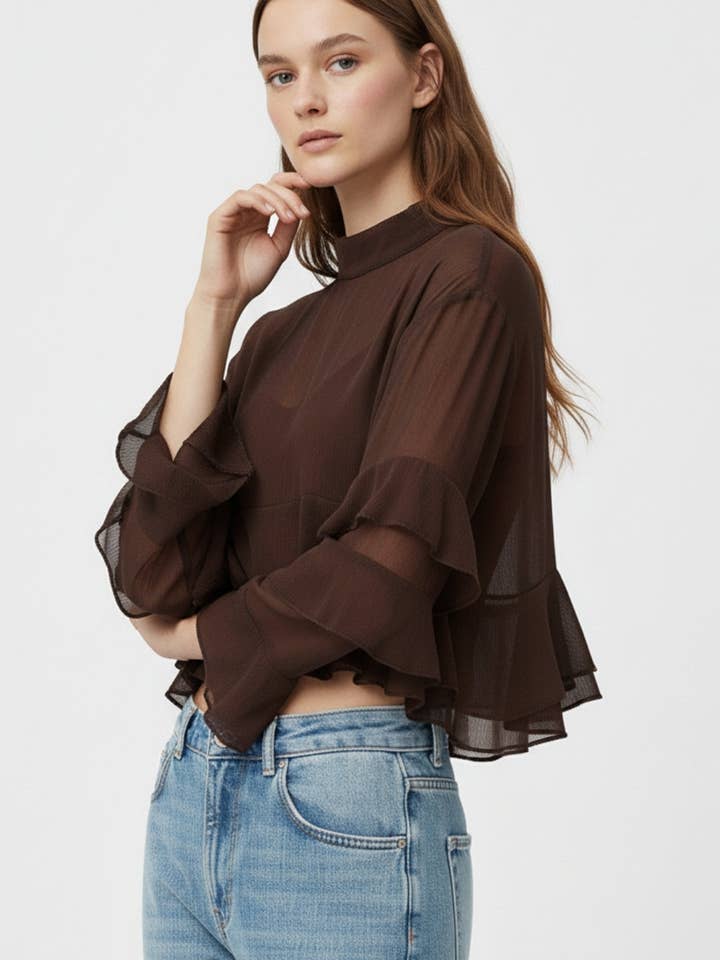 Blusa marrón estilo capa en gasa con volantes para venta al por mayor de Q2—All Orders:Free Duties for the US,UK,and Canada