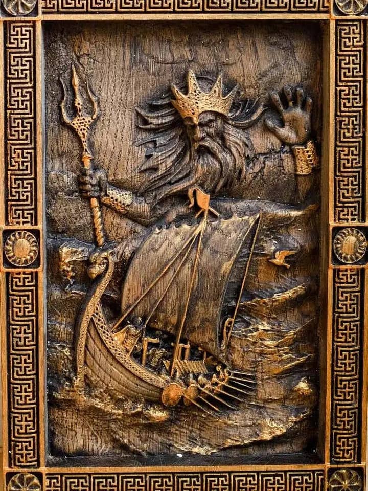 Njord Dio del Mare Scandinavo Quadro da Parete Intagliato in Legno per la vendita all'ingrosso da parte di KozakWorkshop
