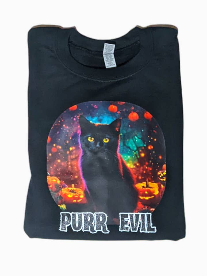 Purr Evil Black Cat Halloween sweatshirt for wholesale by Made By Scratch Crafts