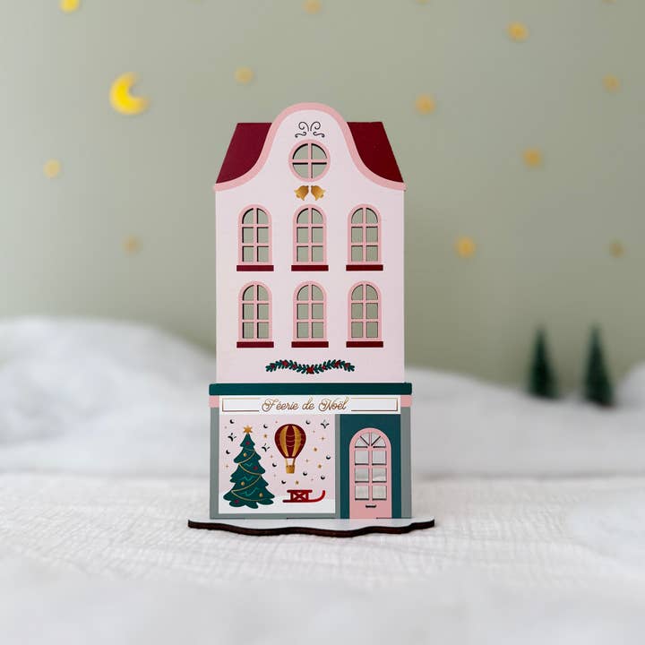 Print Your Love - Venta al por mayor Decoración navideña - Casa de Navidad y su tienda - madera pintada - Mini-mundo Navidad1