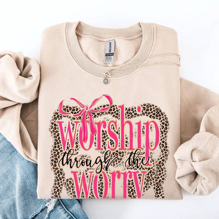 Worship Through The Worry Christian Leopard Print Sweatshirt for wholesale by Refinery Number One LLC