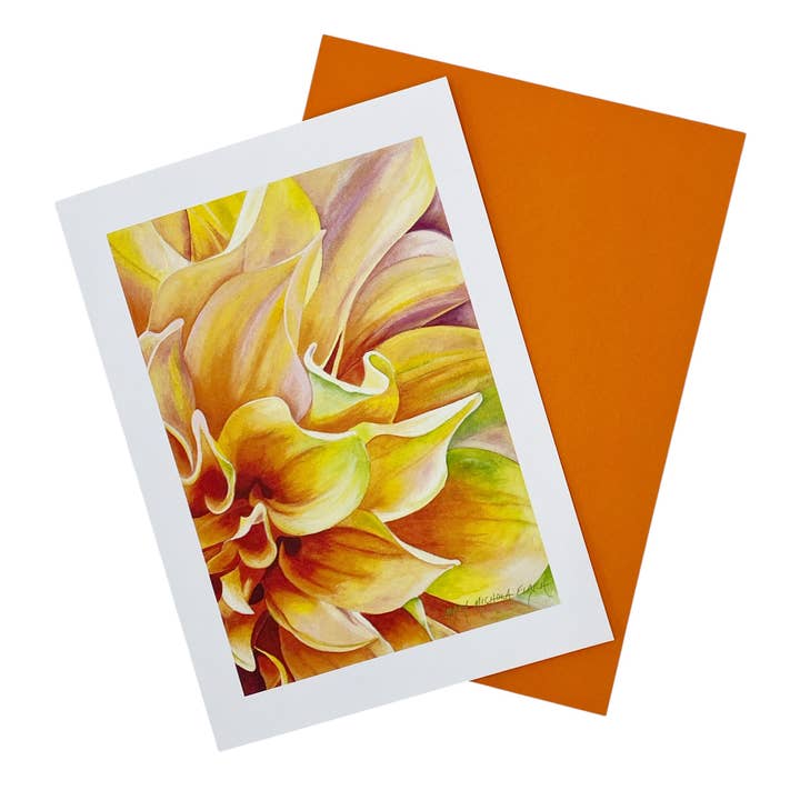 Carte de vœux vierge Dahlia « Ben Huston » I pour la vente par Mary Michola Fibich Fine and Fiber Art