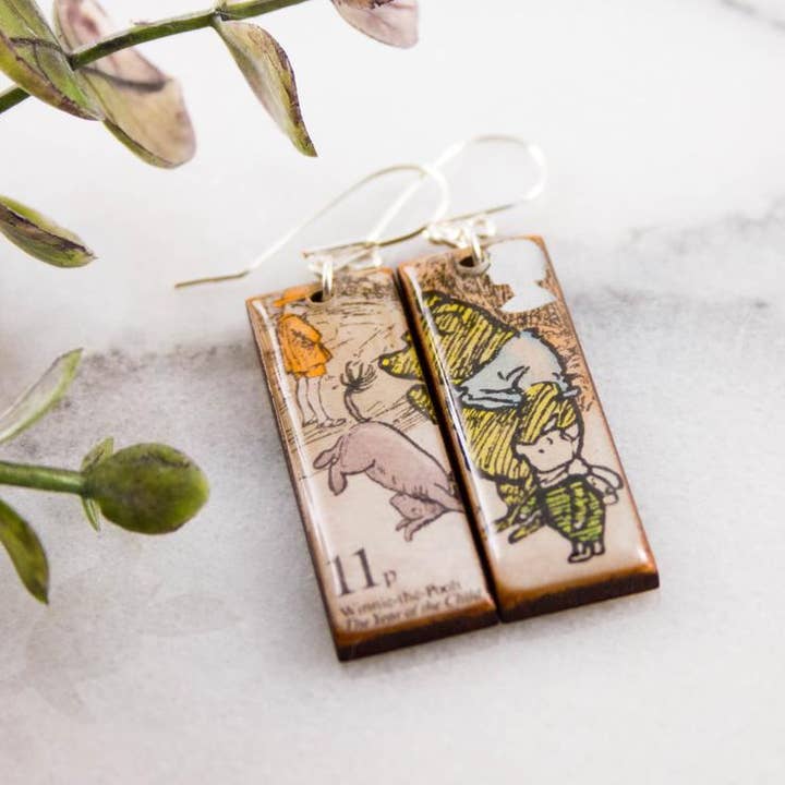 UK- Vintage Winnie the Pooh Postage Stamp Earrings for wholesale by No Man's Land