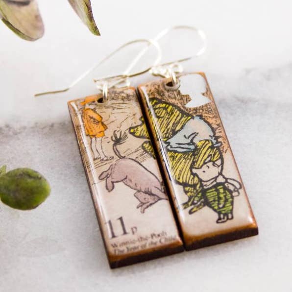 No Man's Land - Wholesale Dangle Earrings - UK- Vintage Winnie the Pooh Postage Stamp Earrings0