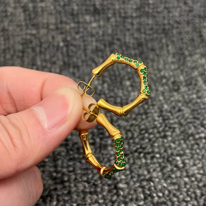 Mio Queena - Wholesale Hoop Earrings - Green CZ Bamboo 18K Golden S.Steel Hoop Earrings - FGS2