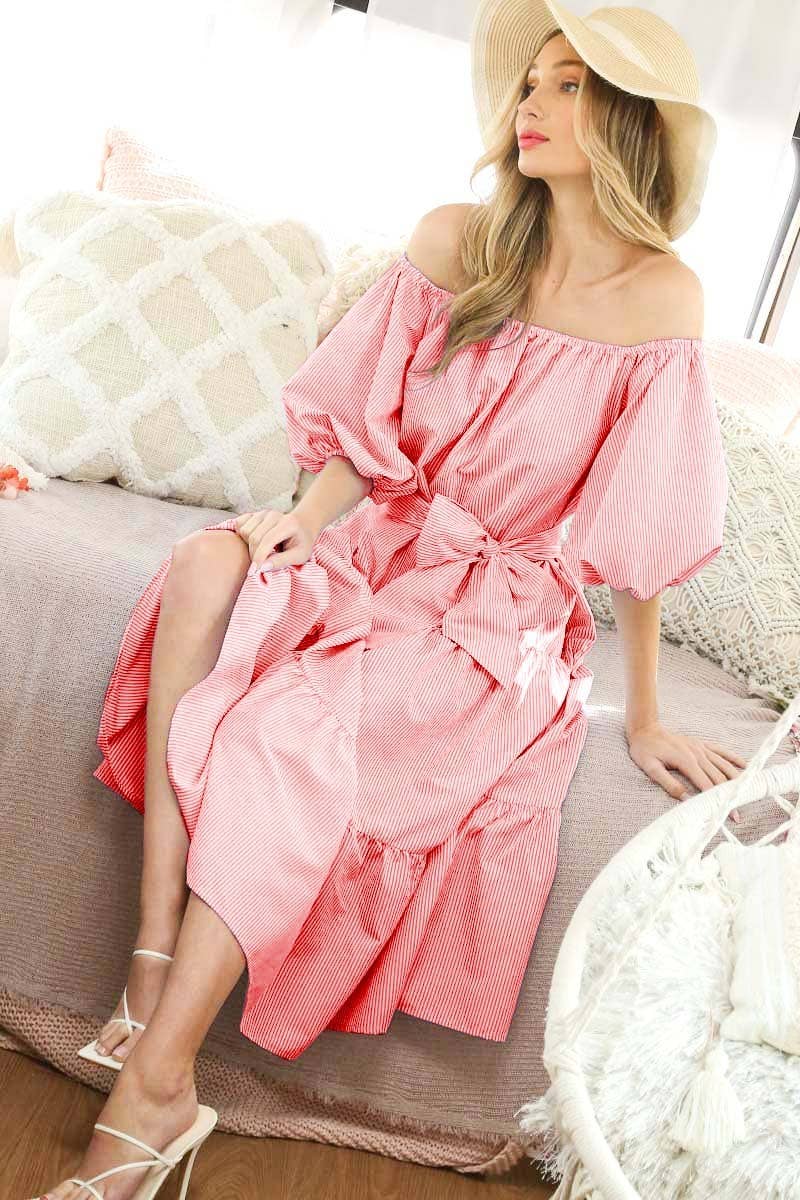 Vine & Love – wholesale Dress – Women's – Off-The-Shoulder Tie Waistband Tiered Striped Dress  VD7029620