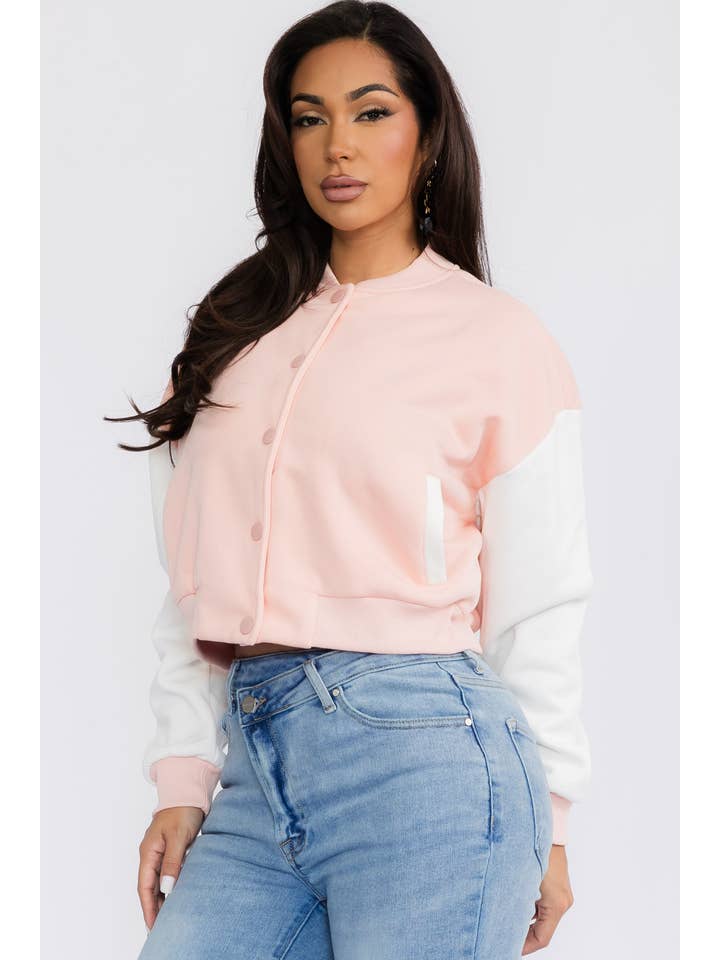 H&H Fashion Inc. - Wholesale Varsity/Baseball Jacket - Women's - 12371 - Color-Block Cropped Varsity Jacket1