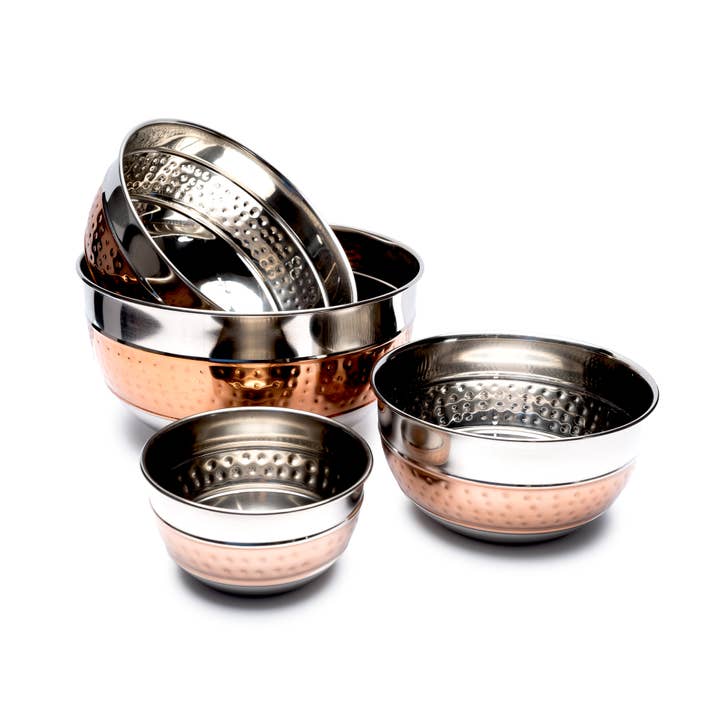 4 Piece Two Tone Stainless Steel Hammered Mixing Bowl Set for wholesale by Lexi Home