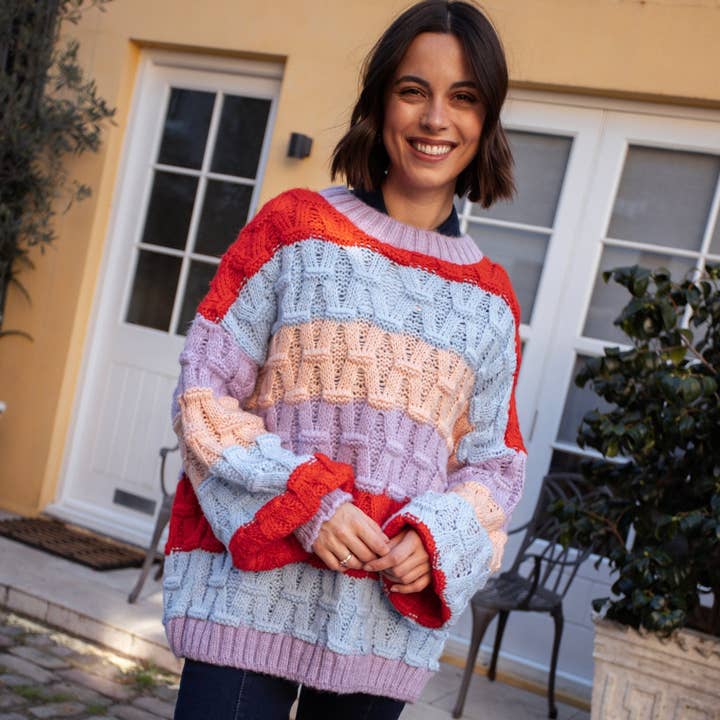 Cara & The Sky – wholesale Knitted jumper – Women′s – Mandy Criss-Cross Stitch Balloon Sleeve Stripe Jumper - Orange24