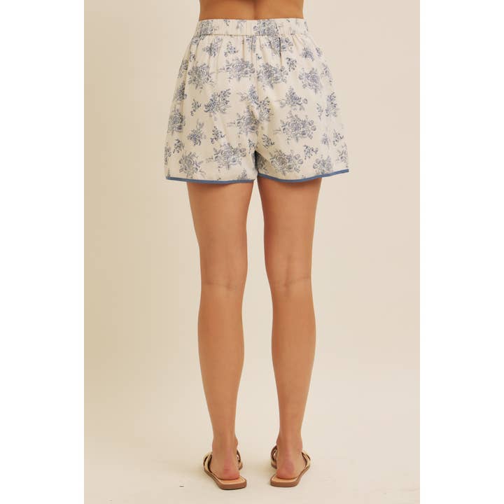in february - Wholesale Shorts - Women's - FLORAL PRINT COTTON LINEN SHORTS WITH CONTRAST HEM