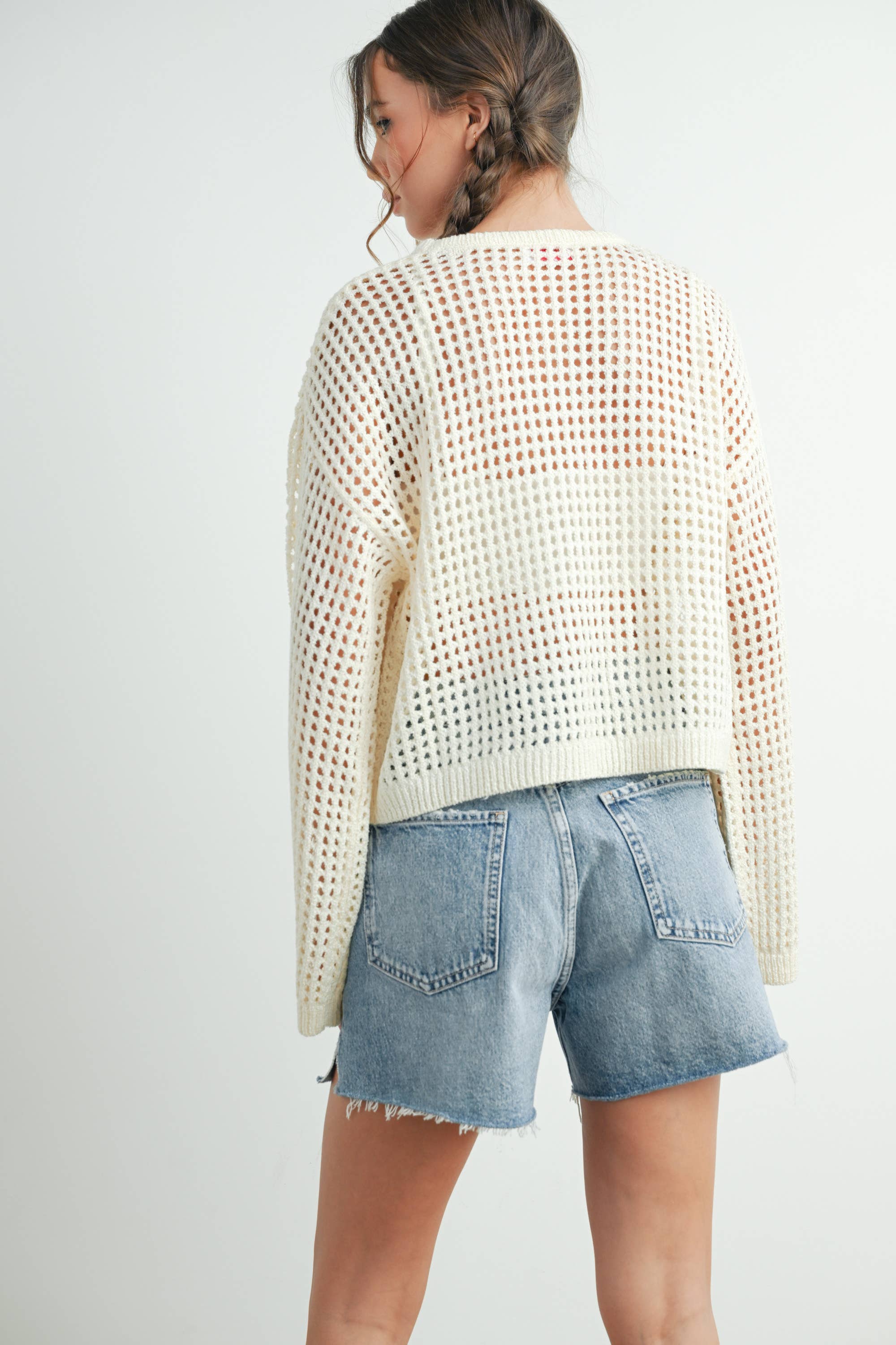 BUTTERMELON - Wholesale Knit Sweater - Women's - Crew Neck Crochet Sweater - BMW763330