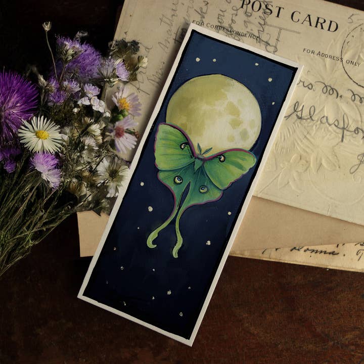 Brainmeats Atelier - Wholesale Bookmark - Luna Moth & Moon – Mystical Night Sky Fine Art Bookmark1
