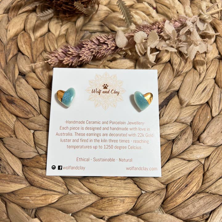 Wolf and Clay Pty Ltd - Wholesale Stud/post earrings - Heart with gold - Ceramic Stud Earrings 3