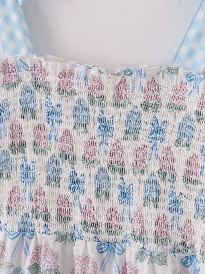 Aspen Rain Boutique - Wholesale Mommy & me sets - Blue hydrangea bow smocked mom&me dress1