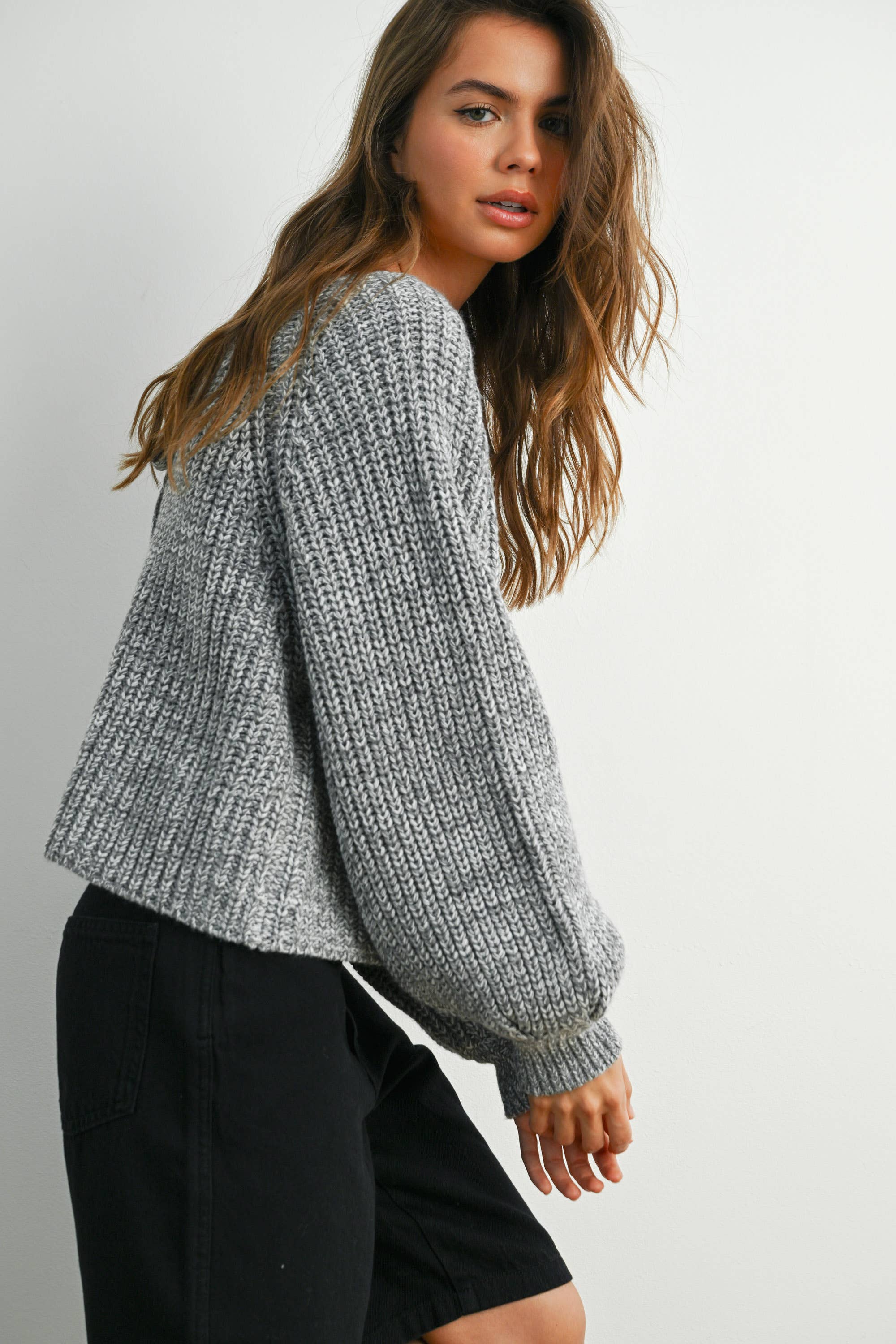 BUTTERMELON - Wholesale Knit Sweater - Women's - Tie-Back V-Neck Drop Shoulder Long Sleeve Top - BMW78101