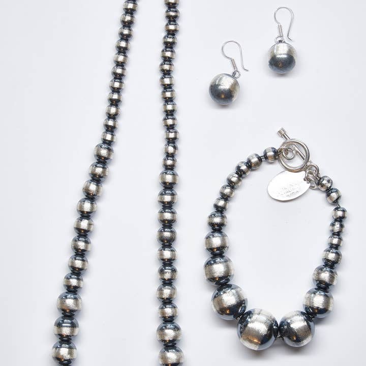 Graduated Oxidized Sterling Silver Beads Set of Necklace, Bracelet and Earrings for wholesale by Renata Rubio 92.5