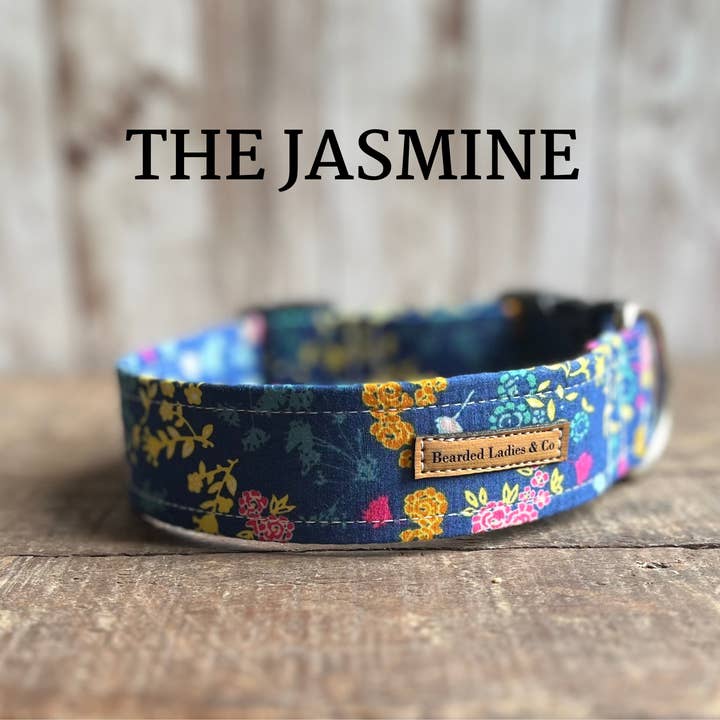 Pink, Yellow + Blue Florals Dog Collar with matching leash + key fob for wholesale by Bearded Ladies & Co