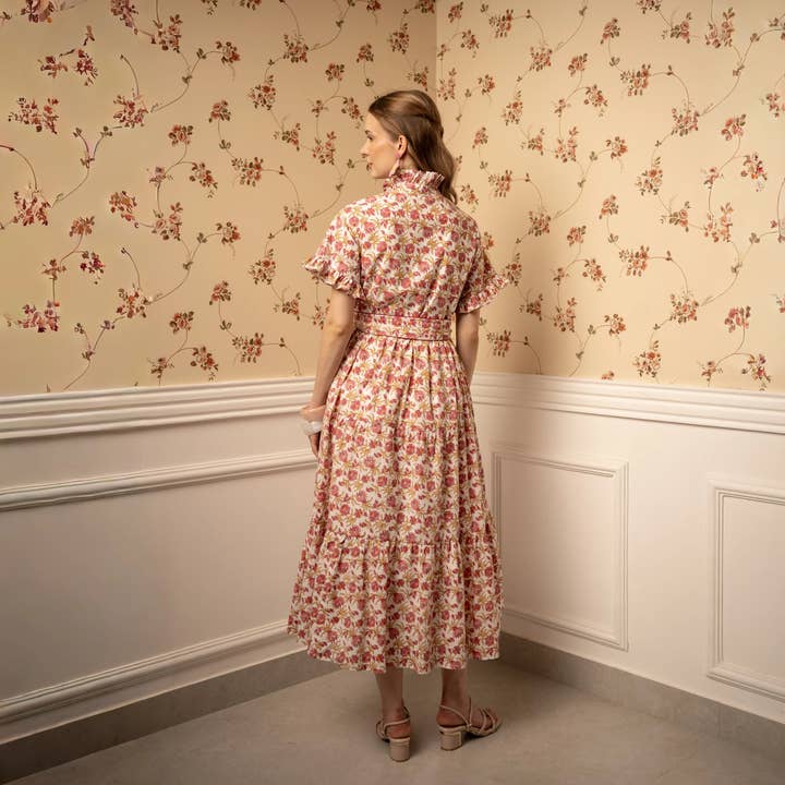 Echo of Pink - Wholesale Dress - Women's - Midi Dress | Hand Block Print Dress | Pink/Brown | Sofia2