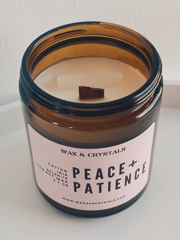 Cotton and Iris Scented Peace and Patience Candle 6.7 oz for wholesale by Wax and Crystals