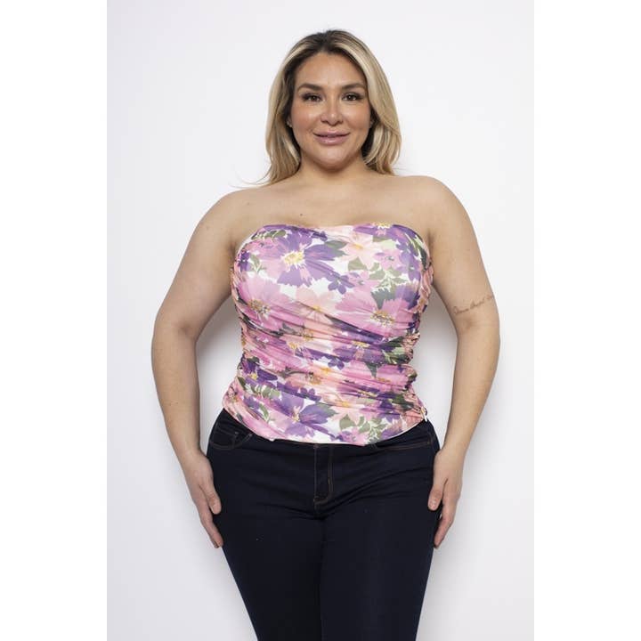 Curve Market - Venta al por mayor Corsé - Mujer - TOP DE TUBO CON CORSÉ FRUNCIDO LATERAL CON ESTAMPADO FLORAL DE MALLA DE TALLA GRANDE1