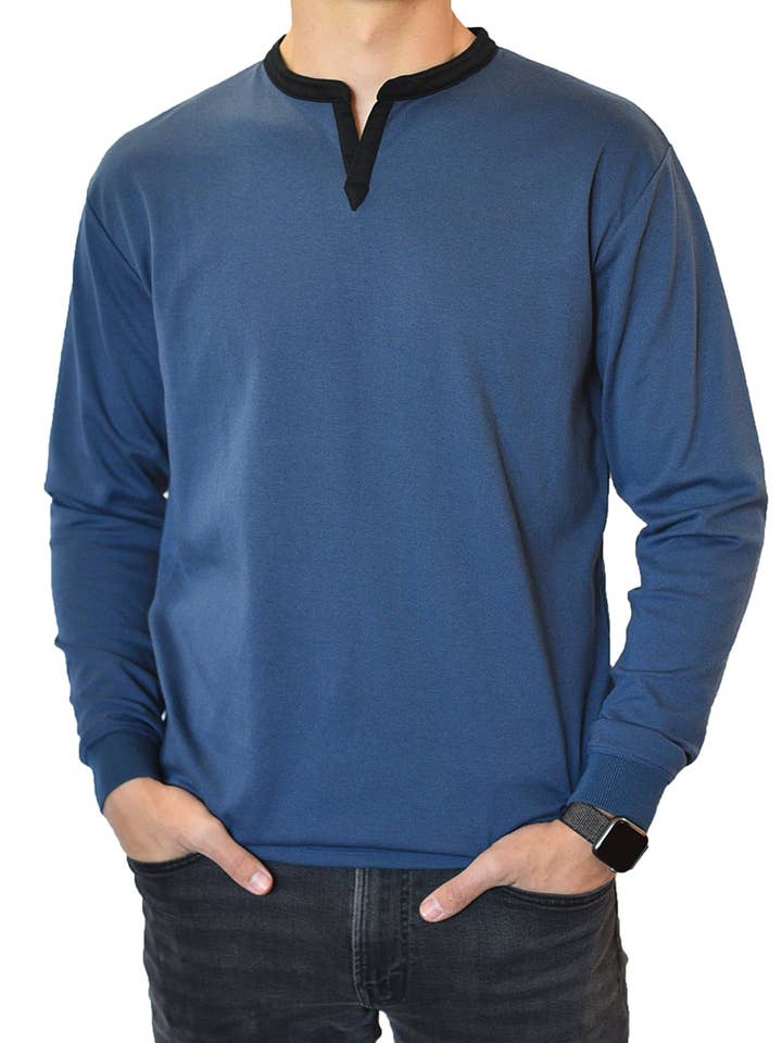 Col fendu Henley à manches longues (bleu) pour la vente par SpearPoint Apparel