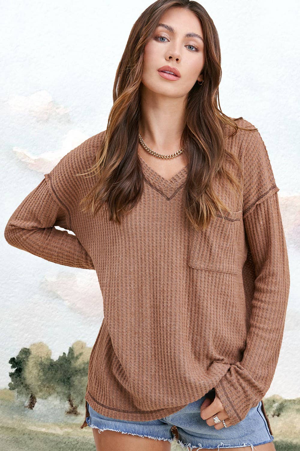 La Miel - Wholesale Knit Top - Women's - JAT7555-Stretchy Brushed Waffle V-neck Long Sleeve Top3