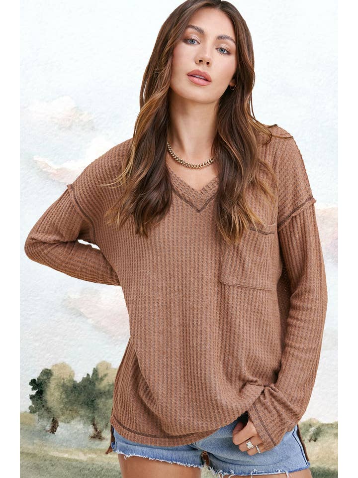 La Miel - Wholesale Knit Top - Women's - JAT7555-Stretchy Brushed Waffle V-neck Long Sleeve Top3