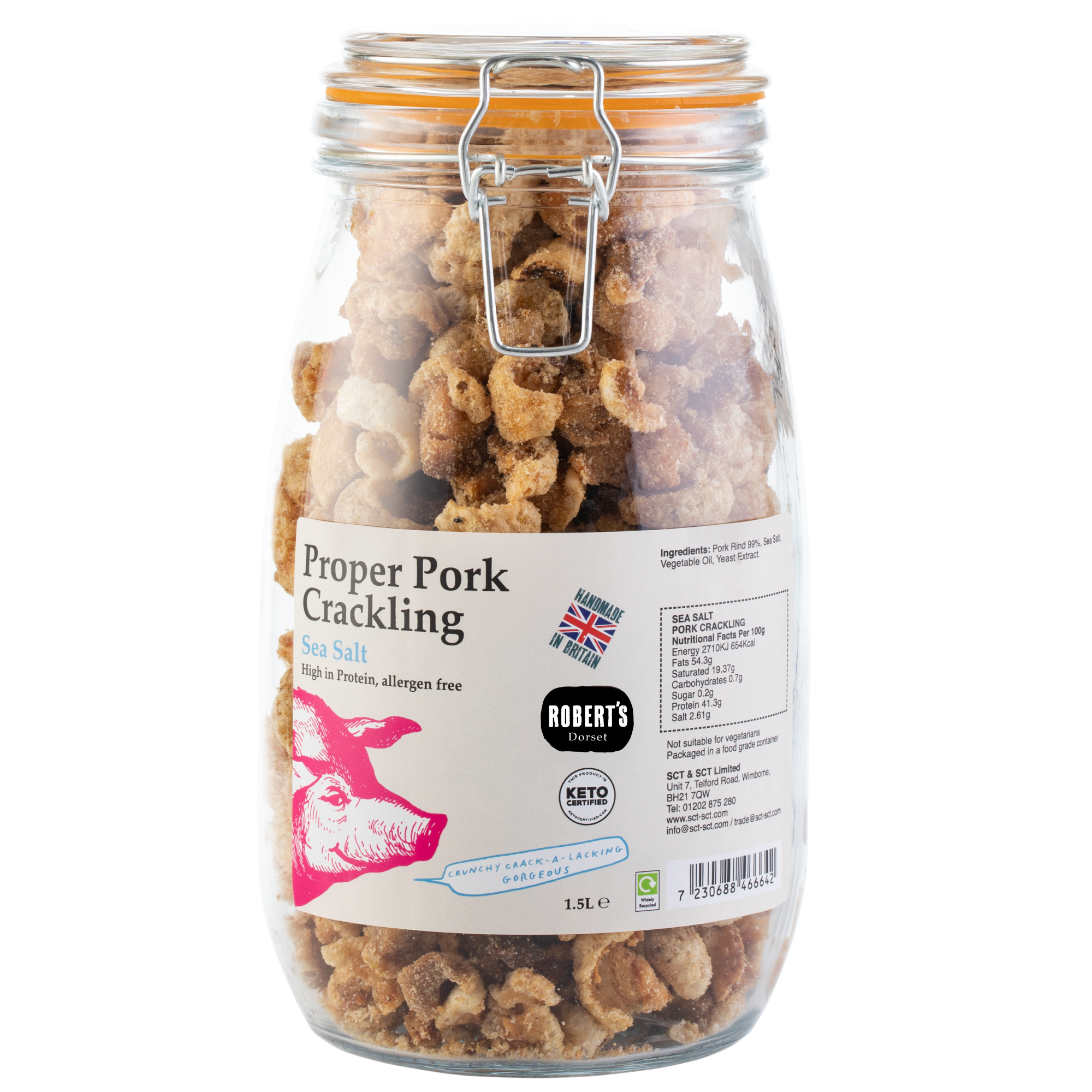 Robert’s Dorset – wholesale Puffed snack – Proper Pork Crackling 1.5L / 390g Glass Jar6